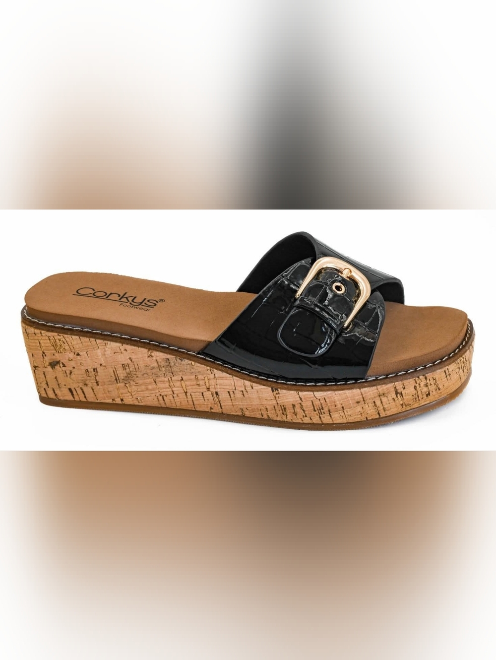 Corkys Black Patent Buckle Cork Wedge Slide with Gold Buckle. Reality.